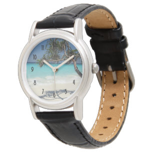 Tropisch blauwe oceaanstrand foto horloge