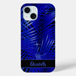 Tropisch blauwe palmvaten op zwart-gepersonaliseer iPhone 15 case