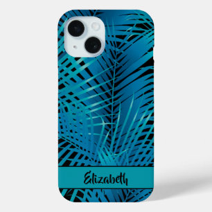 Tropisch blauwe palmvaten op zwart-gepersonaliseer iPhone 15 case