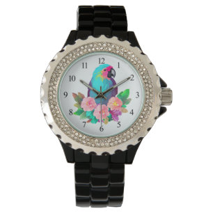 Tropisch blauwe papegaai met tropische bloemen horloge
