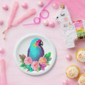 Tropisch blauwe papegaai met tropische bloemen papieren bordje (Feest)
