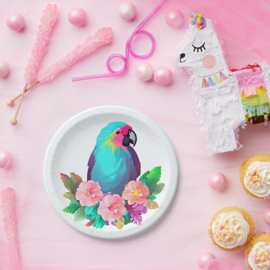 Tropisch blauwe papegaai met tropische bloemen papieren bordje (Feest)