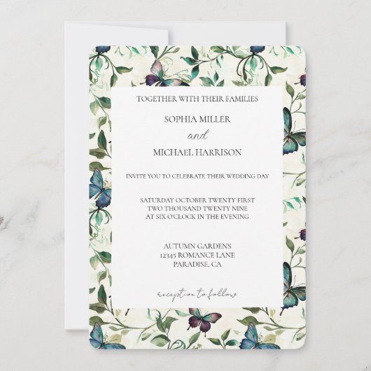 Tropisch Blauwe Vlinders Trouwen Kaart (Voorkant)