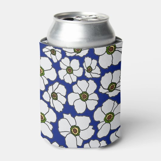 Tropisch blauwe witte bloemen blikjeskoeler (Blikje Voorkant)
