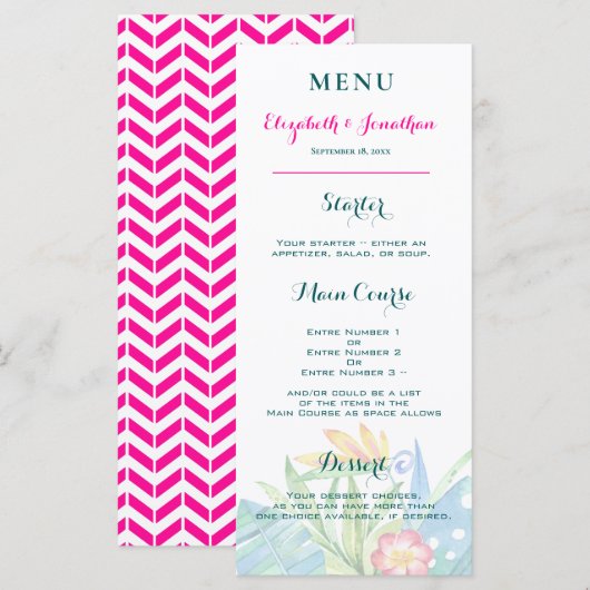 Tropisch Blauwgroen Berry Pink Floral Chevron Wedd Programmakaart (Voorkant / Achterkant)
