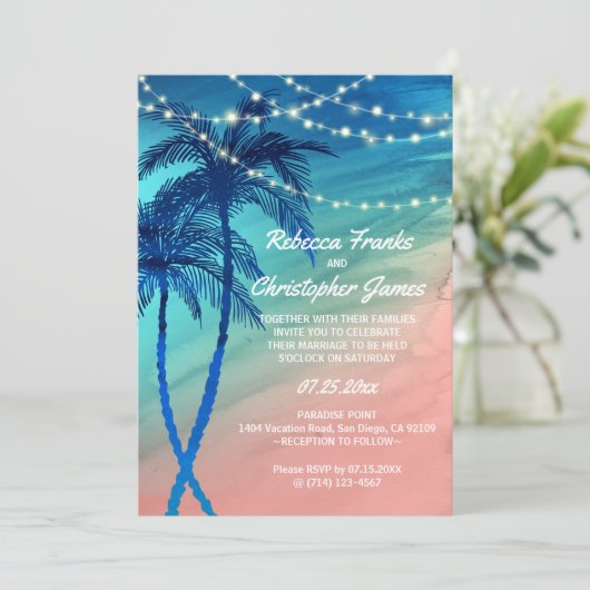 Tropisch Blauwgroen blauw en Peach Wedding Invitat Kaart (Staand voorkant)