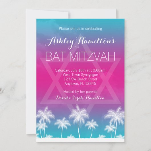 Tropisch Blauwgroen Blauw Roze Bat Mitzvah Kaart (Voorkant)