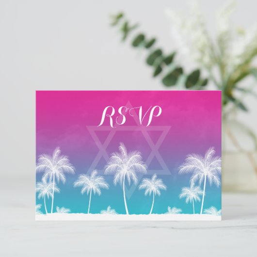 Tropisch Blauwgroen Blauw Roze Bat Mitzvah RSVP (Staand voorkant)