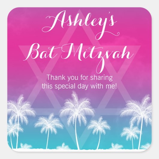 Tropisch Blauwgroen Blauw Roze Bat Mitzvah Vierkante Sticker (Voorkant)