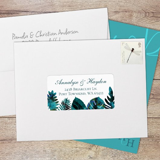 Tropisch Blauwgroen eiland verlaat trouwadres Etiket