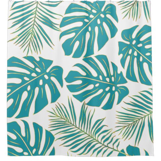 Tropisch blauwgroen en goudmonstera en palmbladere douchegordijn (Voorkant)
