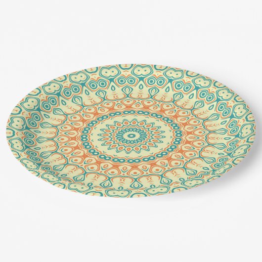 Tropisch Blauwgroen en Oranje Mandala-patroon Papieren Bordje (Gekanteld)