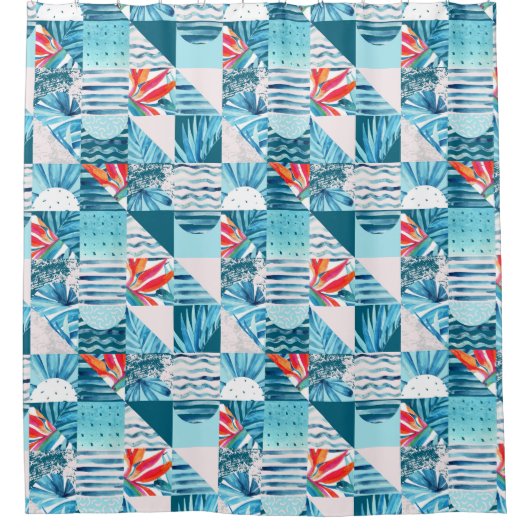 Tropisch Blauwgroen geometrisch Abstract patroon Douchegordijn (Voorkant)