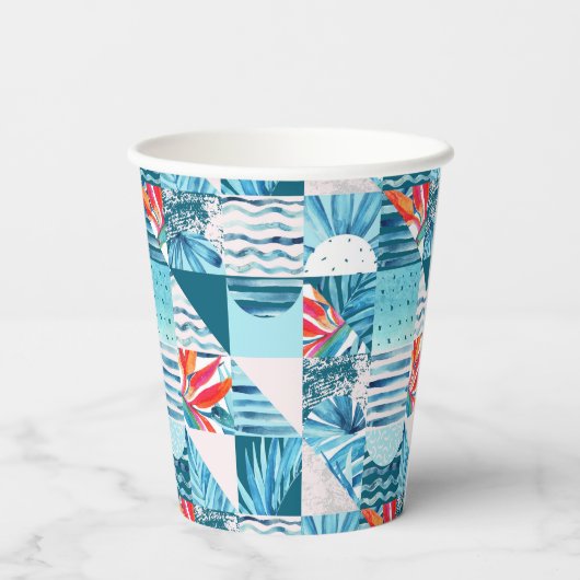 Tropisch Blauwgroen geometrisch Abstract patroon Papieren Bekers (Achterkant)