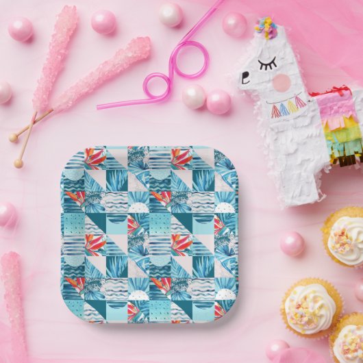 Tropisch Blauwgroen geometrisch Abstract patroon Papieren Bordje (Feest)