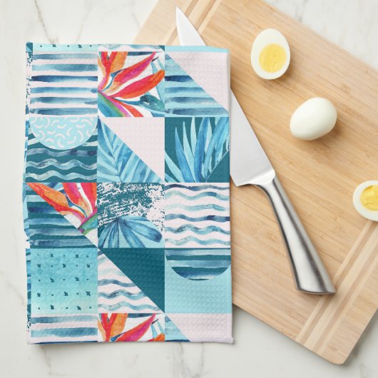 Tropisch Blauwgroen geometrisch Abstract patroon Theedoek (Quarter Fold)