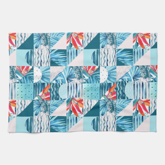 Tropisch Blauwgroen geometrisch Abstract patroon Theedoek (Horizontaal)