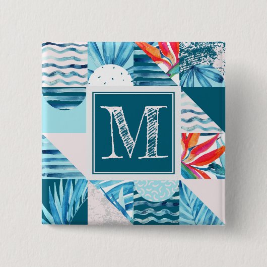 Tropisch Blauwgroen geometrisch Abstract patroon Vierkante Button 5,1 Cm (Voorkant)