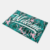 Tropisch Blauwgroen Roze Monstera Oerwoud Bladeren Deurmat (Schuin)