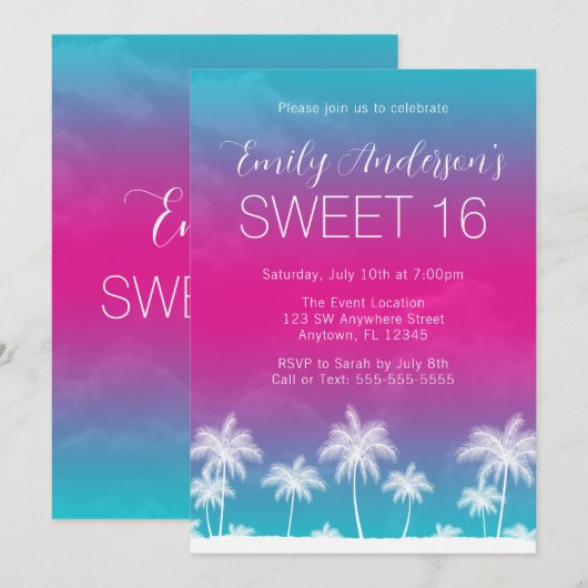 Tropisch Blauwgroen Roze Sweet 16 Verjaardag Kaart (Voorkant / Achterkant)