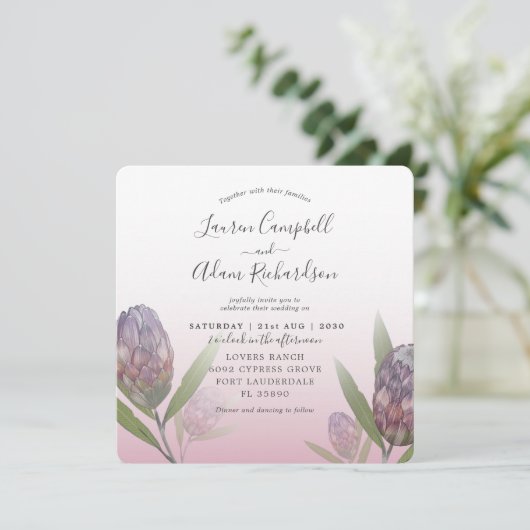 Tropisch bleekroze en Paarse bruiloft Kaart (Staand voorkant)