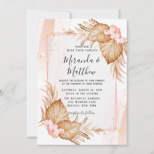 Tropisch bleekroze en roze pampas bruiloft kaart (Voorkant)