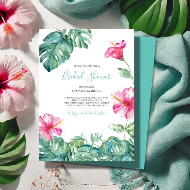 Tropisch bleekroze Waterverf Bridal (Tropical Hawaiian bridal shower invitations with watercolor flowers and palm leaves V Grigaliunas)