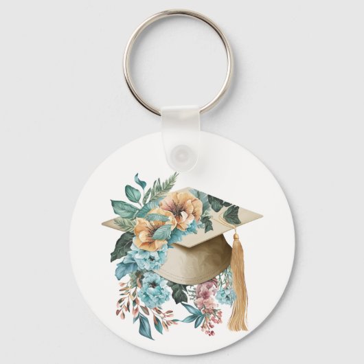 Tropisch Bloemen Afstuderen Pet en Tassel Party Sleutelhanger (Voorkant)