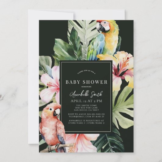Tropisch Bloemen & Botanische Parrot Baby shower Kaart (Voorkant)
