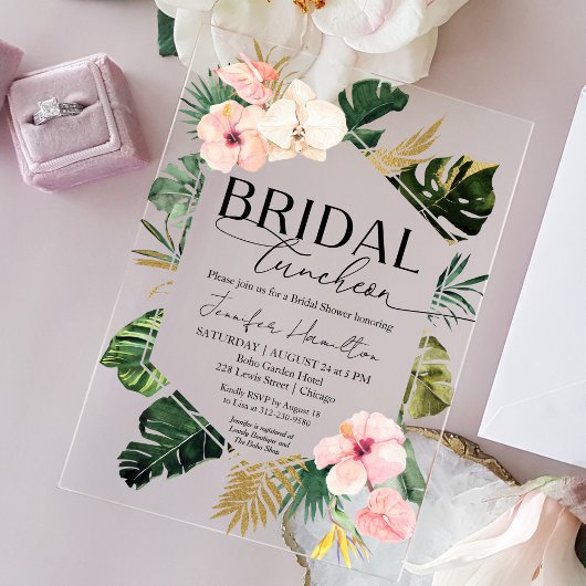 Tropisch Bloemen Bruids Luncheon Vrijgezellenfeest Acryl Uitnodigingen