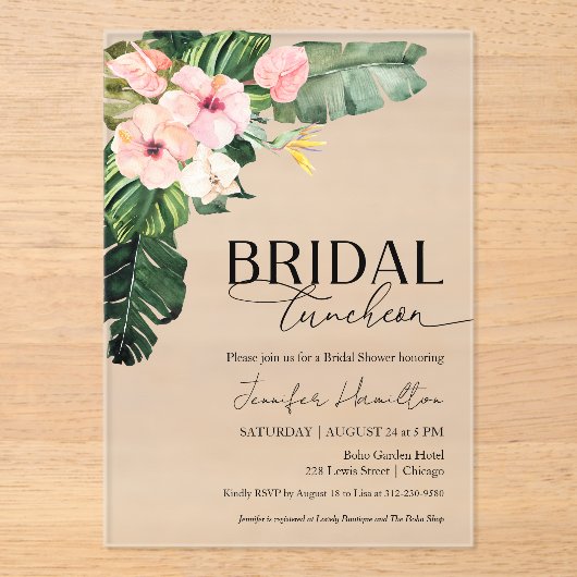 Tropisch Bloemen Bruids Luncheon Vrijgezellenfeest Acryl Uitnodigingen (Voorkant)