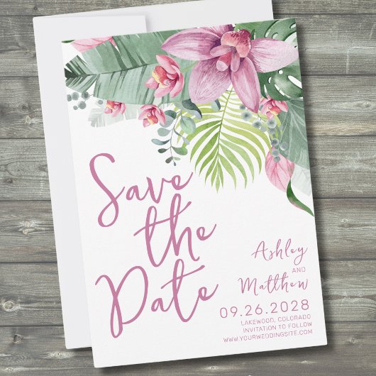 Tropisch Bloemen Bruiloft met Orchideeën Save The Date