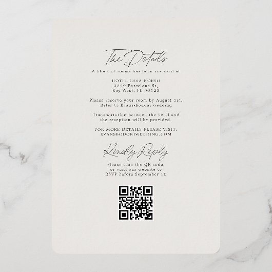 Tropisch Bloemen Ivoor RSVP QR Code Bruiloft Goud Folie Uitnodiging (Achterkant)
