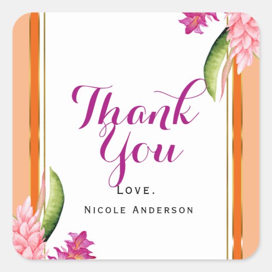 Tropisch Bloemen Koraal Sinaasappel & Goud Party F Vierkante Sticker (Voorkant)