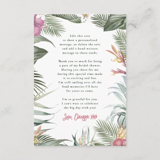 Tropisch Bloemen Modern Zomer Vrijgezellenfeest Bedankkaart (Achterkant)