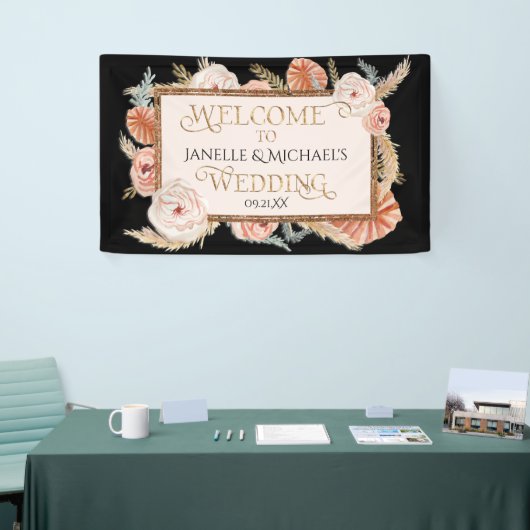 Tropisch Bloemen Roos Goud Zwart Blush Pampas Palm Spandoek (Beurs)