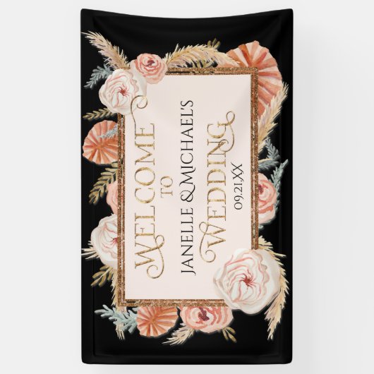 Tropisch Bloemen Roos Goud Zwart Blush Pampas Palm Spandoek (Verticaal)
