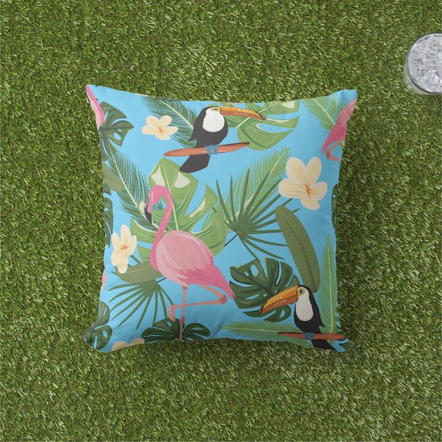 Tropisch bloemenblad Flamingo Toucan Blauw Zomer Buitenkussen (Gras)