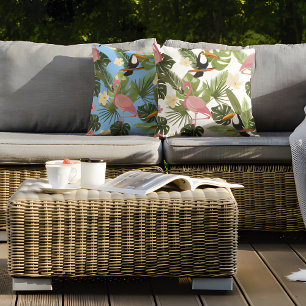 Tropisch bloemenblad Flamingo Toucan Zomer Buitenkussen