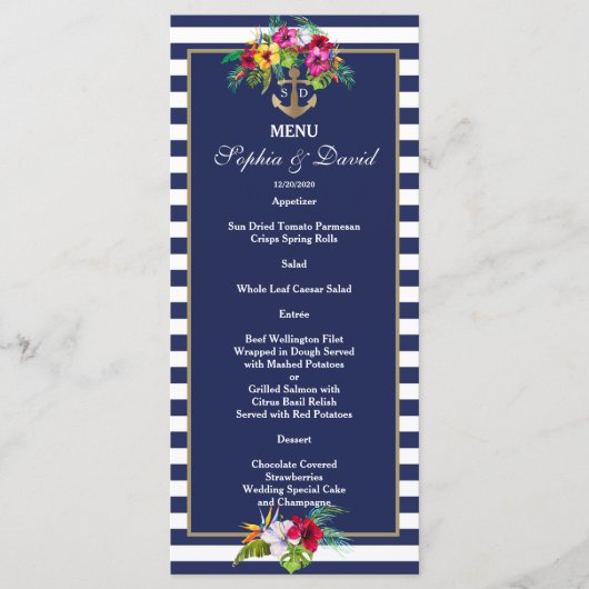 Tropisch Bloemend Luau Navy Blauwe Strepen Menu (Voorkant)