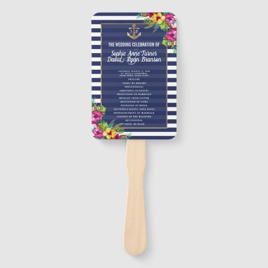 Tropisch bloemendansfeest programma in Navyblauw m Handwaaier (Voorkant)