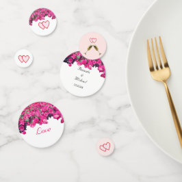 Tropisch bloemendecoratie voor trouwtafel met hart confetti