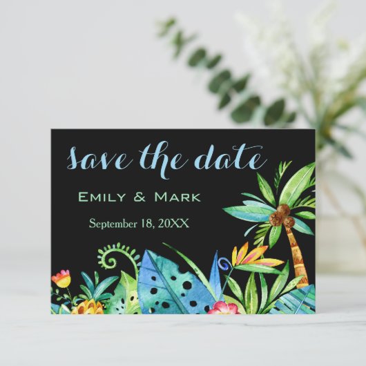 Tropisch Bloemendek Zwart Bewaar de Datum Kaart (Staand voorkant)