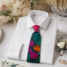 Tropisch Bloemendesign | Hibiscus & Groene Bladere Stropdas