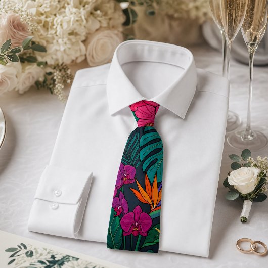 Tropisch Bloemendesign | Hibiscus & Groene Bladere Stropdas