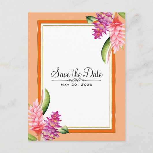 Tropisch bloemendesign koraal oranje & goud Save t Aankondigingskaart (Voorkant)