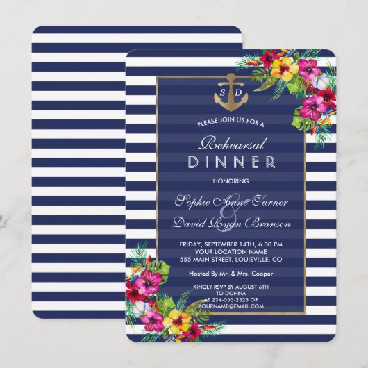 Tropisch bloemendiner voor de bruiloft in Navy str Kaart (Voorkant / Achterkant)