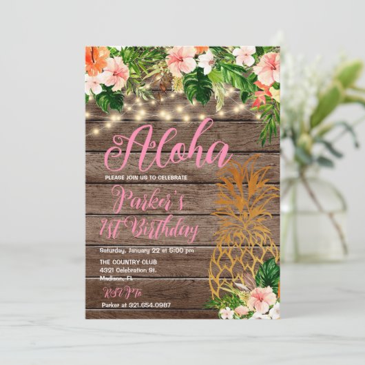 Tropisch Bloemenhout Aloha Ananas Verjaardag Kaart (Staand voorkant)