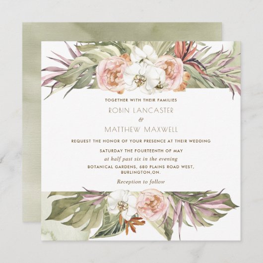 Tropisch bloemenpalmblad, groen vierkant in bruilo kaart (Voorkant / Achterkant)