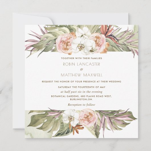 Tropisch bloemenpalmblad, groen vierkant in bruilo kaart (Voorkant)